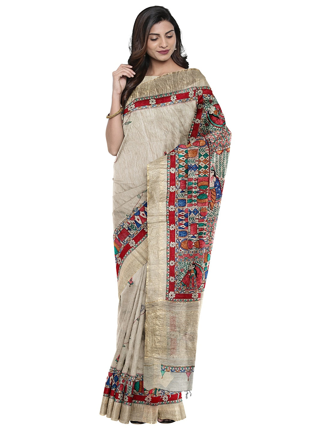 Godhna-Inspired Handpainted Tussar Munga Silk Saree with Sujani Embroidery